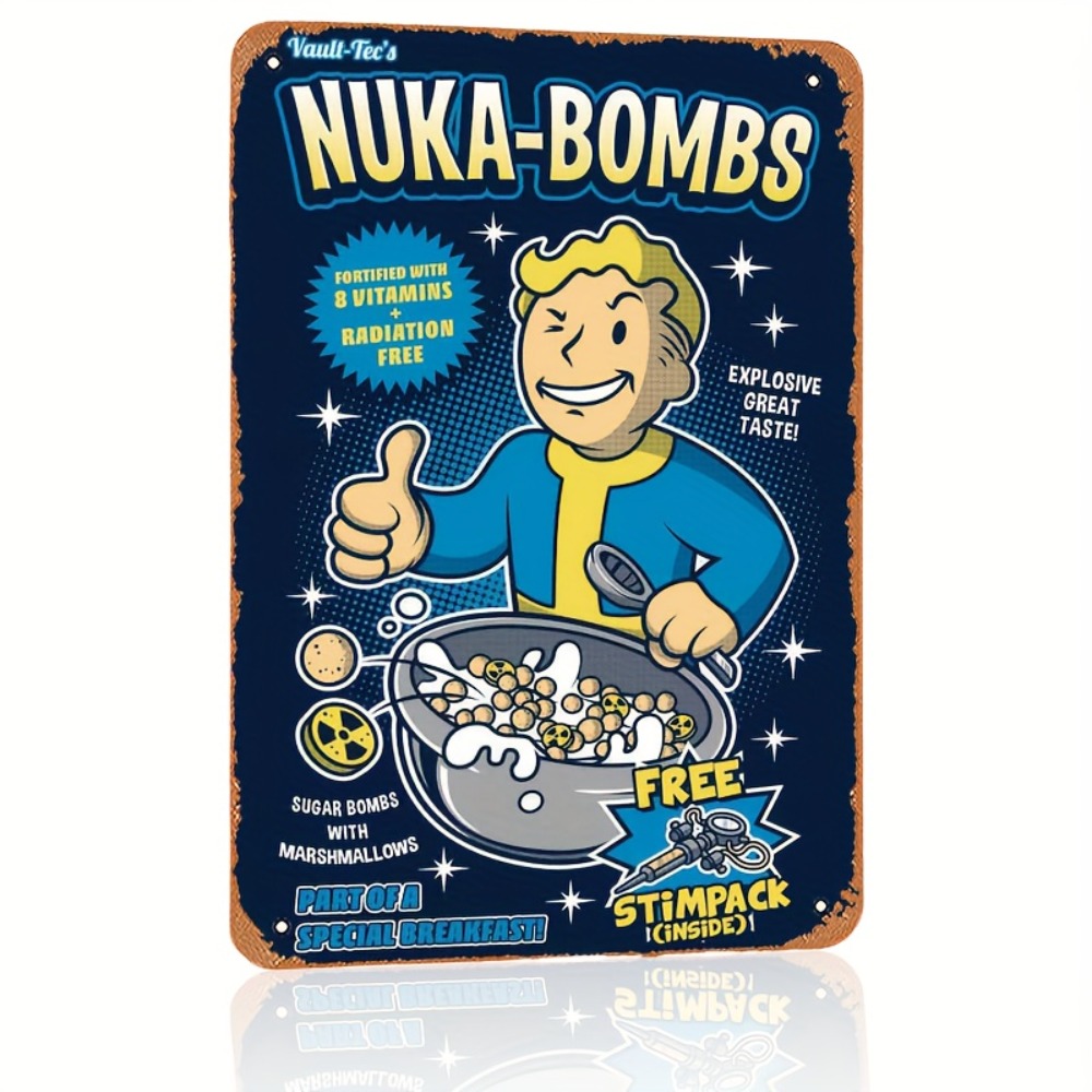 Retro Gaming Vault - Vault-Tec Nuka-Bombs メタルウォールサイン - レトロゲームをテーマにしたブリキの装飾、穴あけ済み、防水性と耐候性