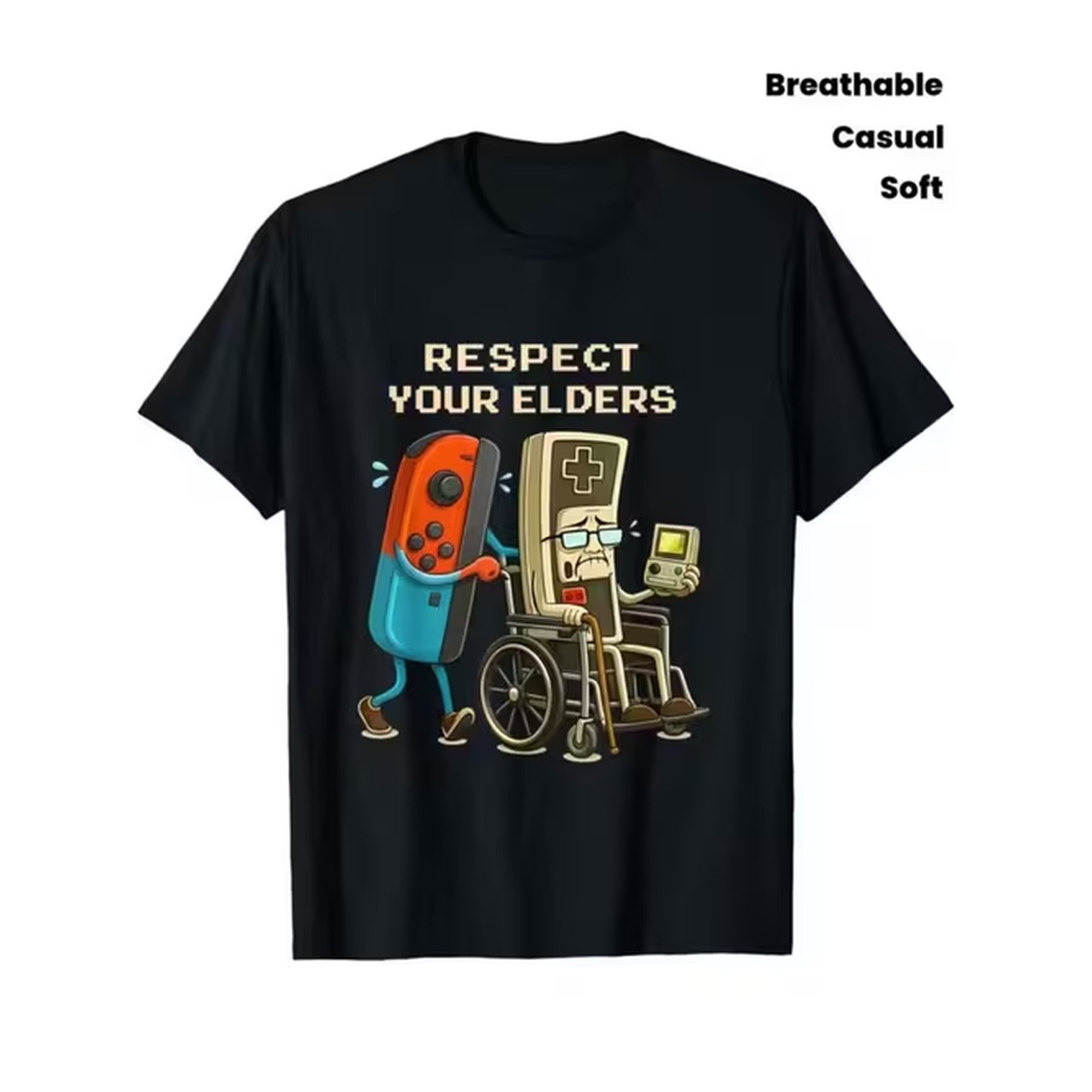 Retro Gaming Machine - 商品画像：メンズヴィンテージゲーミングTシャツ。カジュアルウェアやレトロゲーマー向けTシャツ。「Respect Your Elders」とコントローラーのプリント入り。柔らかく通気性のあるクルーネック半袖シャツ。夏、ジム、トレーニングに最適。洗濯機で洗えるレトロゲーマーアパレル。